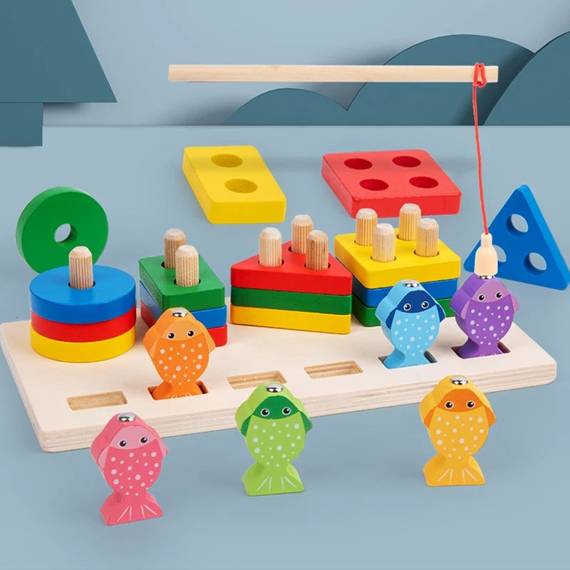 Wooden 2in1 Educational Fishing & Stacking Shapes Sorter Game