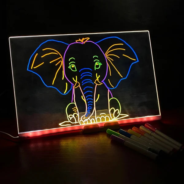 LED Acrylic Drawing Board for Kids | Reusable Glow Writing Board with 7 Neon Pens