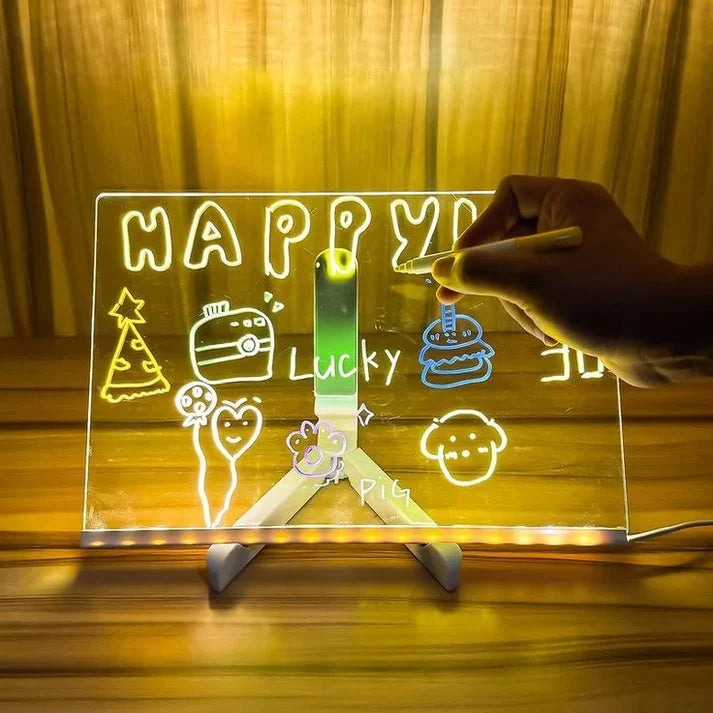LED Acrylic Drawing Board for Kids | Reusable Glow Writing Board with 7 Neon Pens - Large Size (12×8 inches)