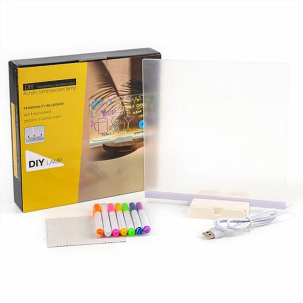 LED Acrylic Drawing Board for Kids | Reusable Glow Writing Board with 7 Neon Pens