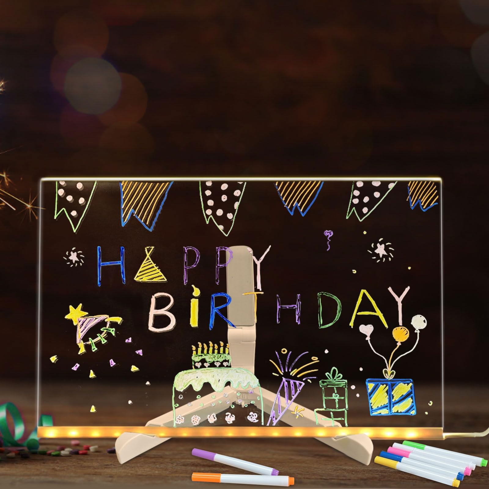 LED Acrylic Drawing Board for Kids | Reusable Glow Writing Board with 7 Neon Pens - Large Size (12×8 inches)