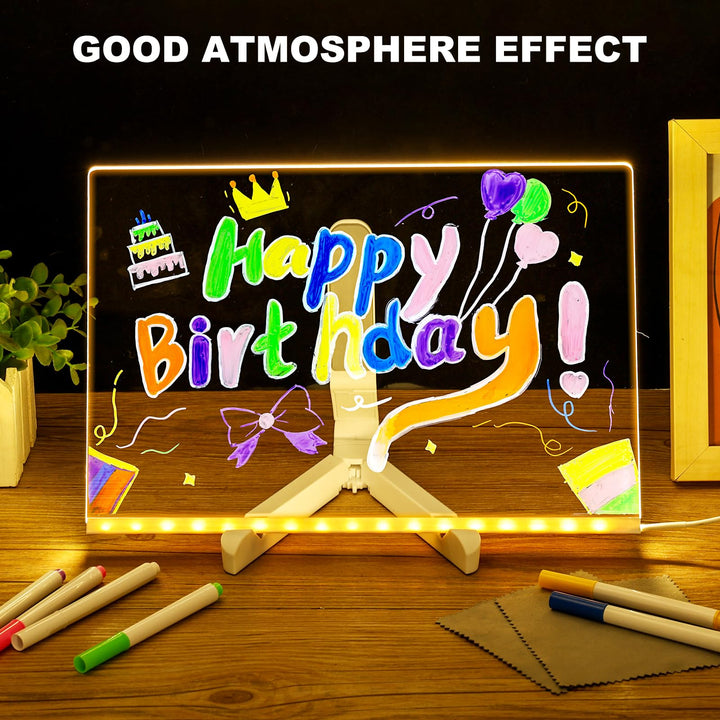 LED Acrylic Drawing Board for Kids | Reusable Glow Writing Board with 7 Neon Pens - Large Size (12×8 inches)