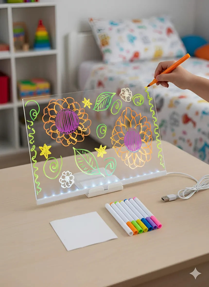LED Acrylic Drawing Board for Kids | Reusable Glow Writing Board with 7 Neon Pens - Large Size (12×8 inches)