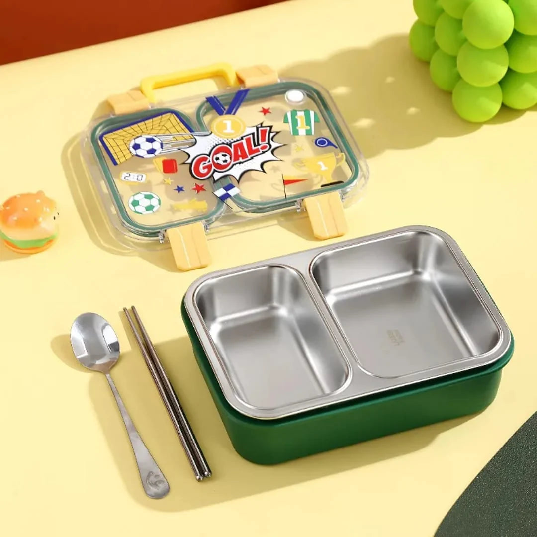 Back to School Stainless Steel Lunch Box - 2-Compartment Leak-Proof with Steel Spoon & Chopsticks