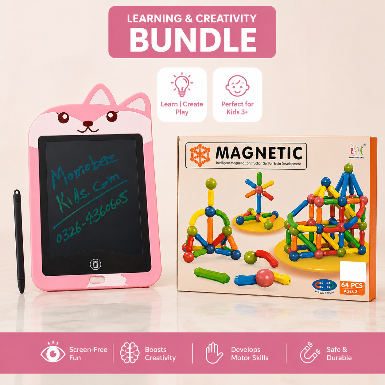 Kids Learning & Creativity Bundle | LCD Writing Tablet + Magnetic Building Sticks | 25 | 36 | 64 PCs