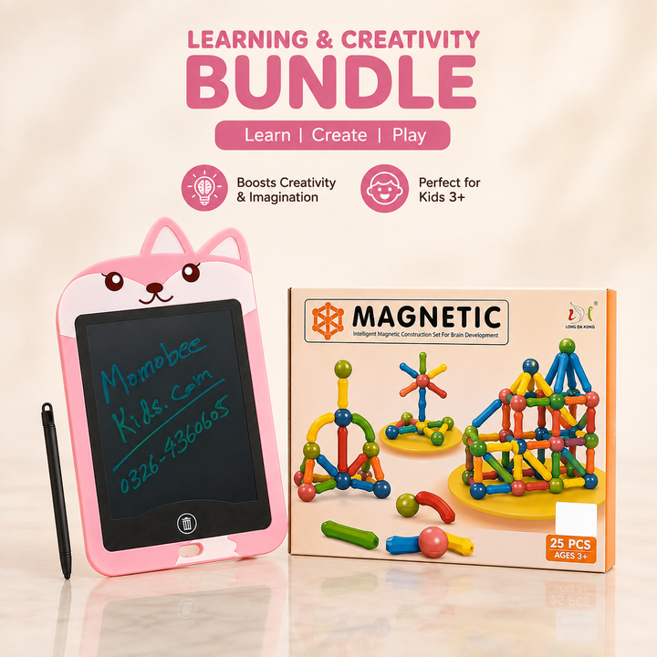 Kids Learning & Creativity Bundle | LCD Writing Tablet + Magnetic Building Sticks | 25 | 36 | 64 PCs