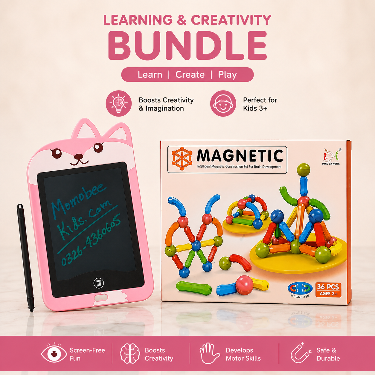Kids Learning & Creativity Bundle | LCD Writing Tablet + Magnetic Building Sticks | 25 | 36 | 64 PCs