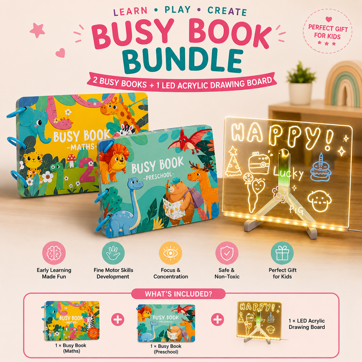 Montessori Busy Book + LED Acrylic Drawing Board Bundle | Educational &amp; Creative Learning