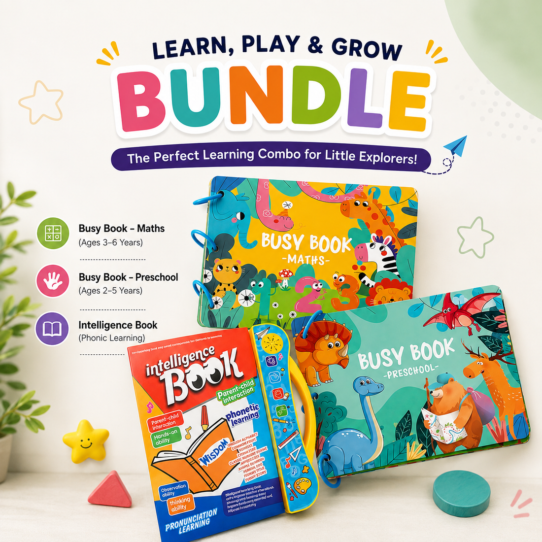 Busy Books Learning Bundle for Kids – Maths, Preschool & Phonics Intelligence Books