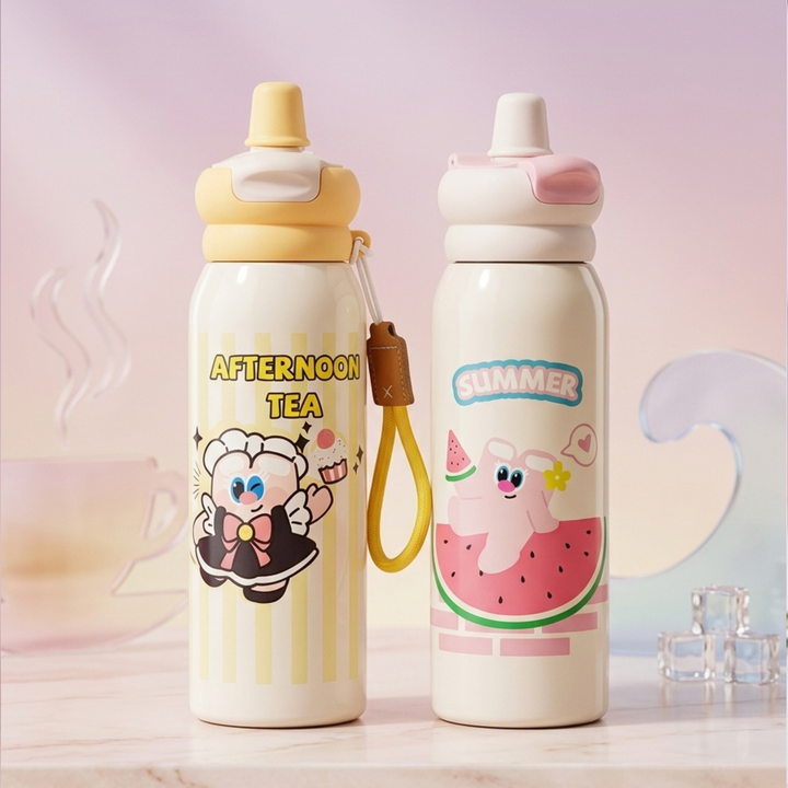 Kids Stainless Steel Straw Water Bottle | Leak-Proof Insulated Thermos Flask with Silicone Straw