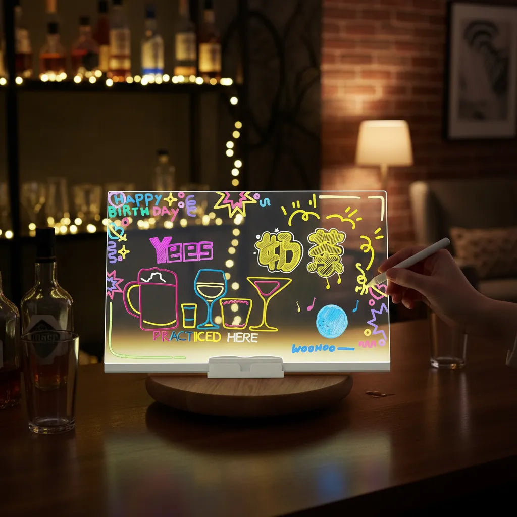 LED Acrylic Drawing Board for Kids | Reusable Glow Writing Board with 7 Neon Pens - Large Size (12×8 inches)