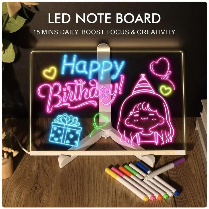 LED Acrylic Drawing Board for Kids | Reusable Glow Writing Board with 7 Neon Pens - Large Size (12×8 inches)