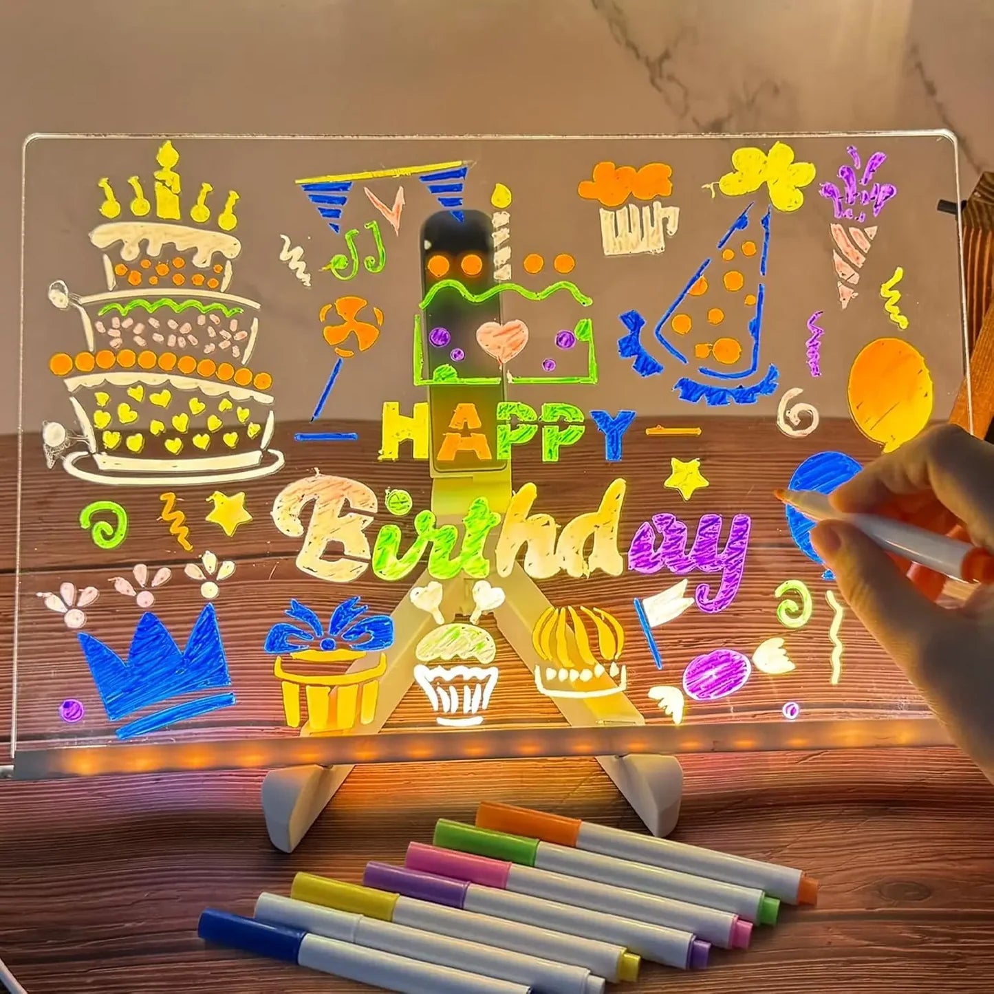 LED Acrylic Drawing Board for Kids | Reusable Glow Writing Board with 7 Neon Pens - Large Size (12×8 inches)