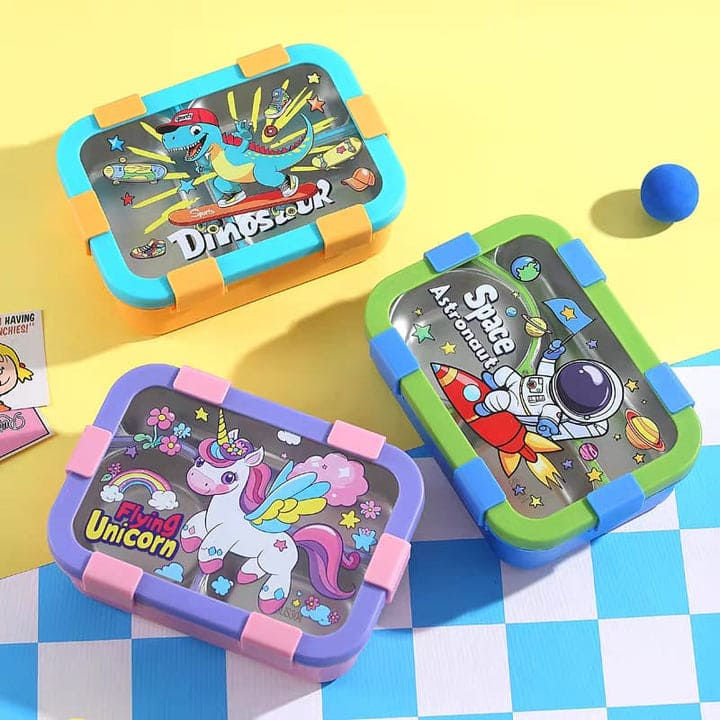 3-Compartment 304 Stainless Steel Lunch Box – Leak-Proof | Unicorn, Astronaut & Space Themes