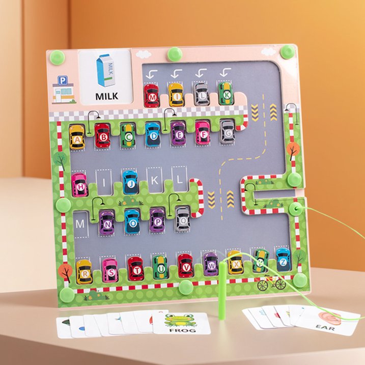 Wooden Magnetic Alphabet Matching & Word Maze Car Parking Themed Board