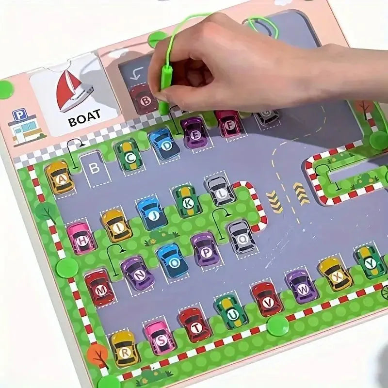 Wooden Magnetic Alphabet Matching & Word Maze Car Parking Themed Board