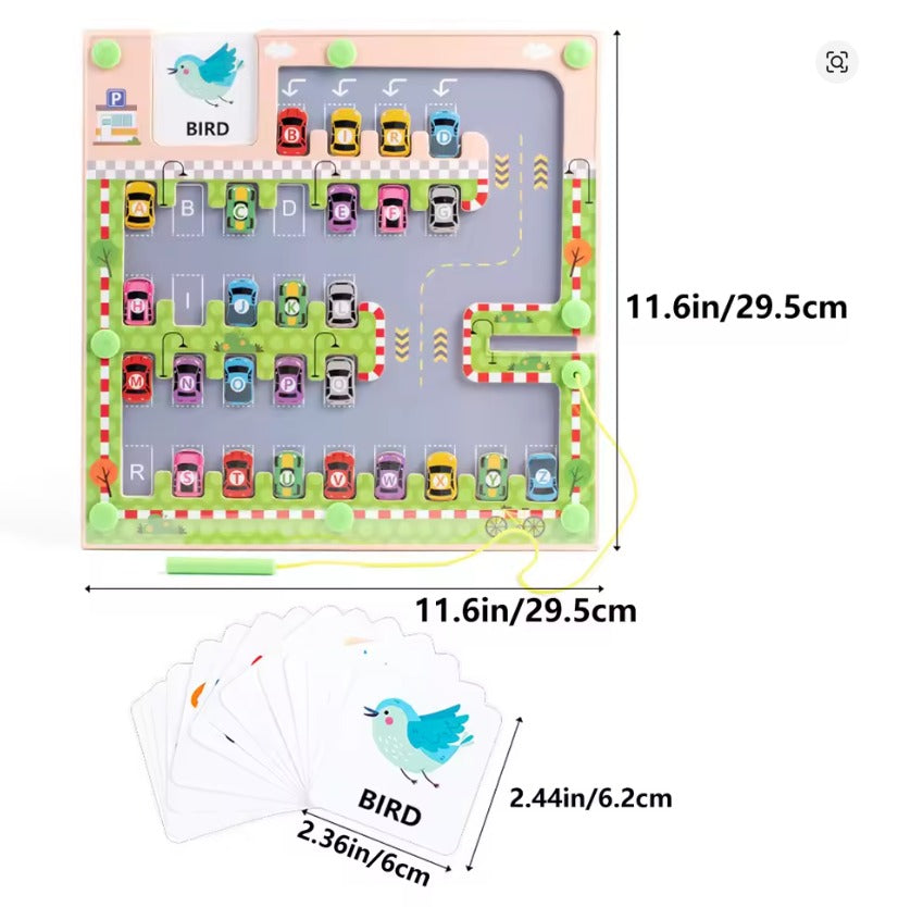Wooden Magnetic Alphabet Matching & Word Maze Car Parking Themed Board